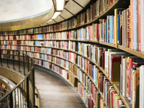 Curved library shelves full of books